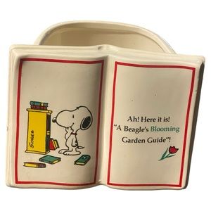 Vintage 70s Snoopy Book Gardening Planter Ceramic Vase Holder Peanuts